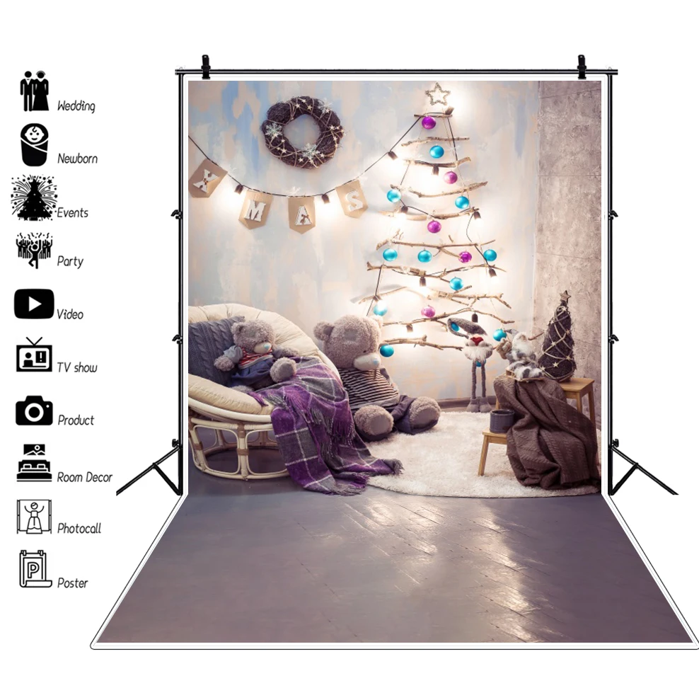 

Laeacco Christmas Background Baby Show Kids Birthday Party Portrait Tree Cartoon Teddy Bear Carpet Photographic Backdrop