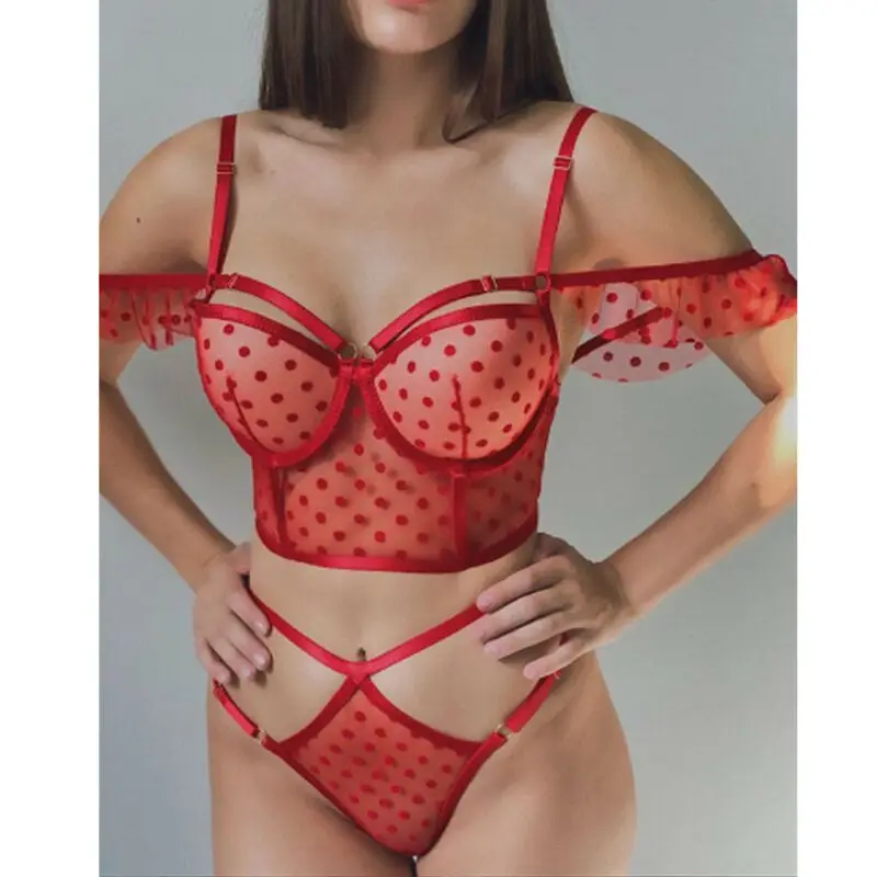 2020 New Women Sexy Lingerie Set Push-Up Bra Lace Bandage Babydoll G-String Dots Underwear Sleepwear Nightwear Black Red |