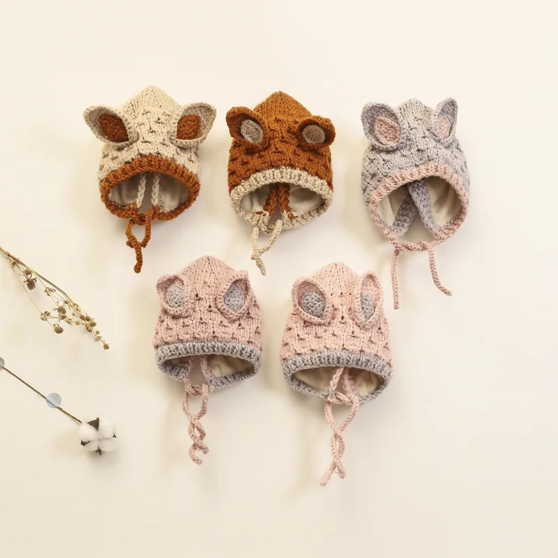 

Baby Hat Handmade Korean Version Of Rabbit Ears Baby Woolen Hat With Lace And Velvet Warm Children'S Knitted Hat
