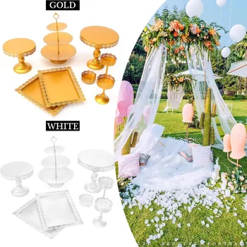 

New 8pcs Gold White Cake Stand Set Round Metal Crystal Cupcake Dessert Display Pedestal Wedding Party Display