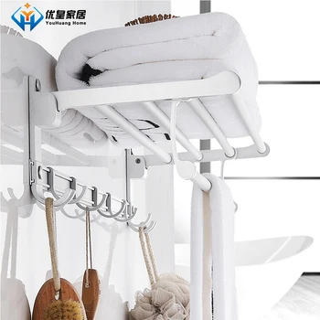 

Punch-Free Bathroom Accessories Activity Folding Storage Rack Space Aluminum 7 Hook Shower Towel Holder