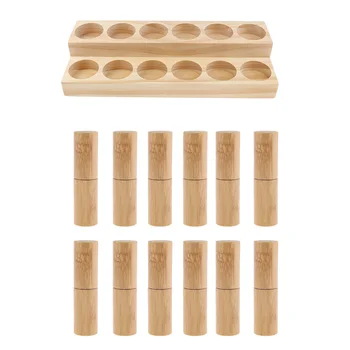 

Natural Wood Essential Oils Display Holder Stand Organizer Storage Rack + 12Pcs 5ml Bamboo Roller Bottles, Home Organization