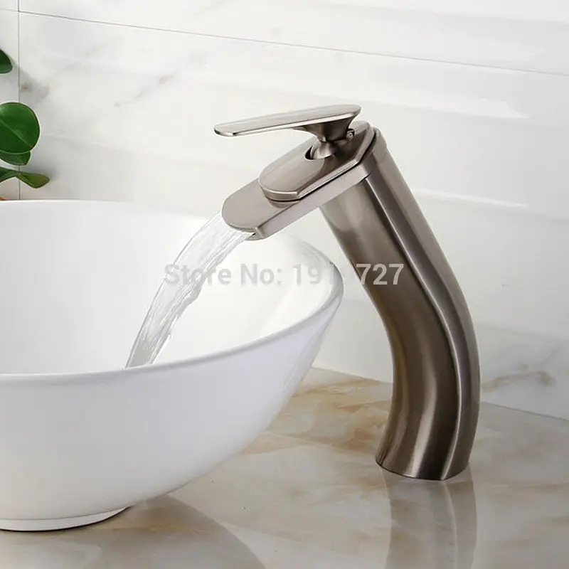 

Vidric 100% Brass Contemporary Design Style Single Hole Faucet Factory Direct Brushed Nickel Bathroom Vessel Waterfall Mixer T