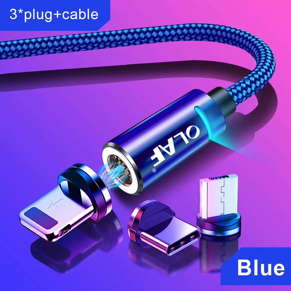 Олаф 2 м Магнитный кабель Micro usb type C для iPhone кабель освещения 1 м 3A провод для быстрого заряда type-C Магнитный кабель для зарядки телефона - Цвет: Blue Cable 3 in 1
