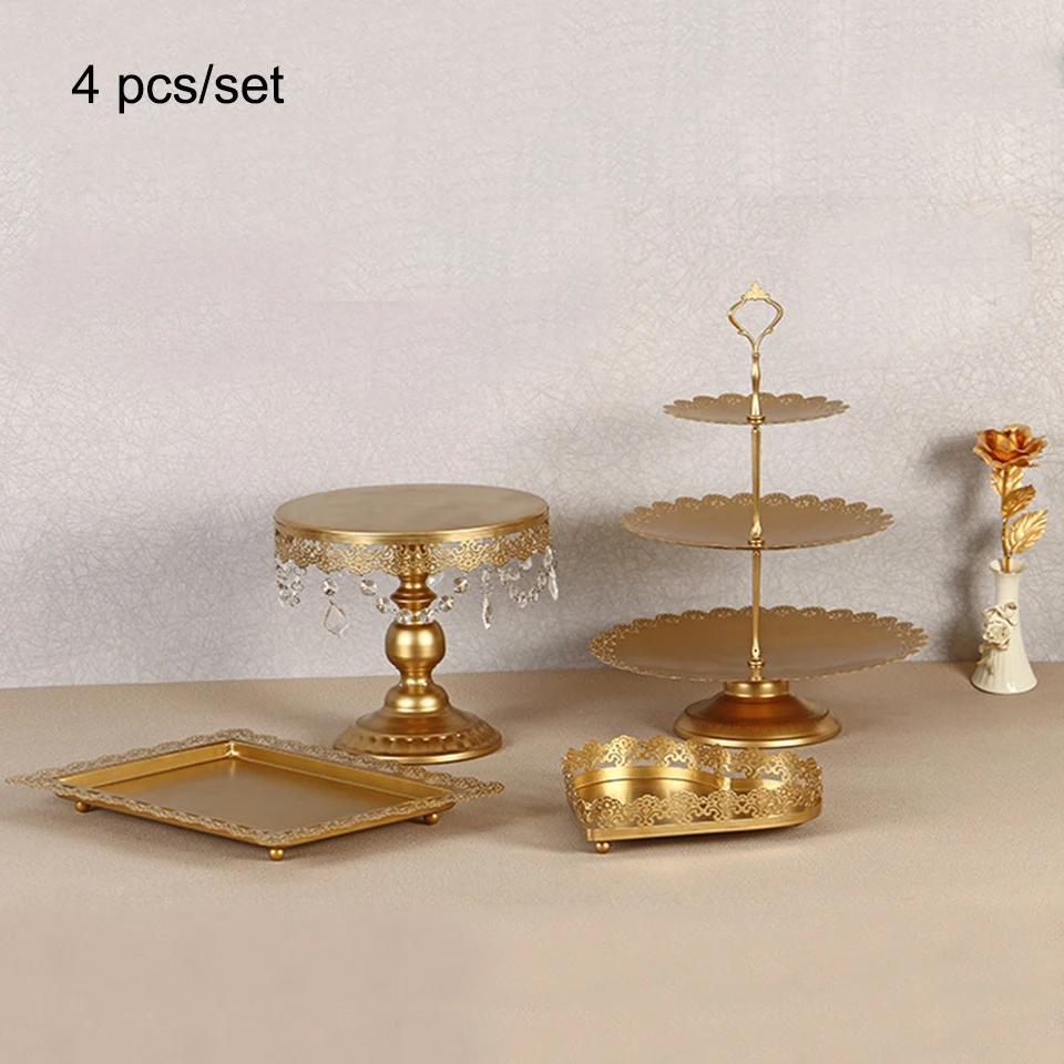 gold 4 pcs Transhome Свадебная подставка для торта 4-13 шт металлическая Хрустальная стойка для кексов кружевная сковорода для торта День рождения десерт, макарон - Цвет: gold 4 pcs
