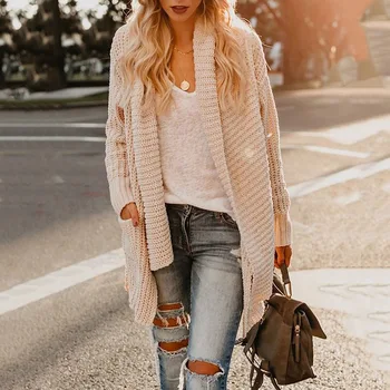 

2019 Knitting Upper Garment Double Pocket Irregular Lapel Sweater Cardigan Woman