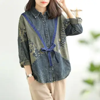 

2020 Spring Vintage shirt tops Women Loose Casual printed patchwork Denim Blouses Plus Size r282