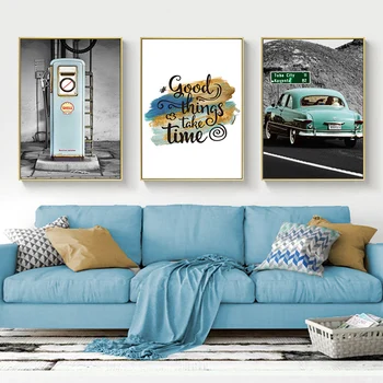 

Nordic Decoration Nostalgic Petrol Station Print Blue Car Canvas Painting Modern Quotes Wall Art Poster Picture For Living Room