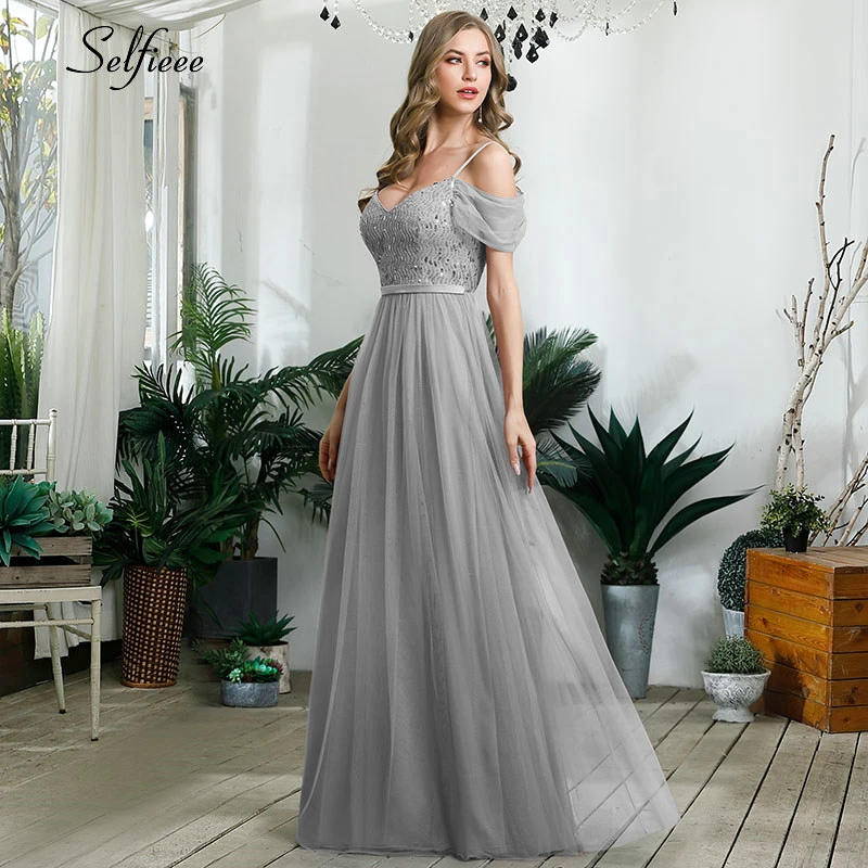 Elegant Laides Party Dress A-Line V-Neck Spaghetti Straps Sequined Short Sleeve Maxi Women Dress Sparkle Formal Gown Robe Femme