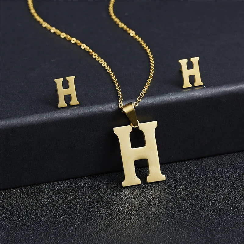 yellow fashion jewelry set Rinhoo New Initial A-Z Letters Pendant Stainless Steel Link Chain Necklace Earring for Women Men Trendy Jewelry Set Gift trendy ring sets