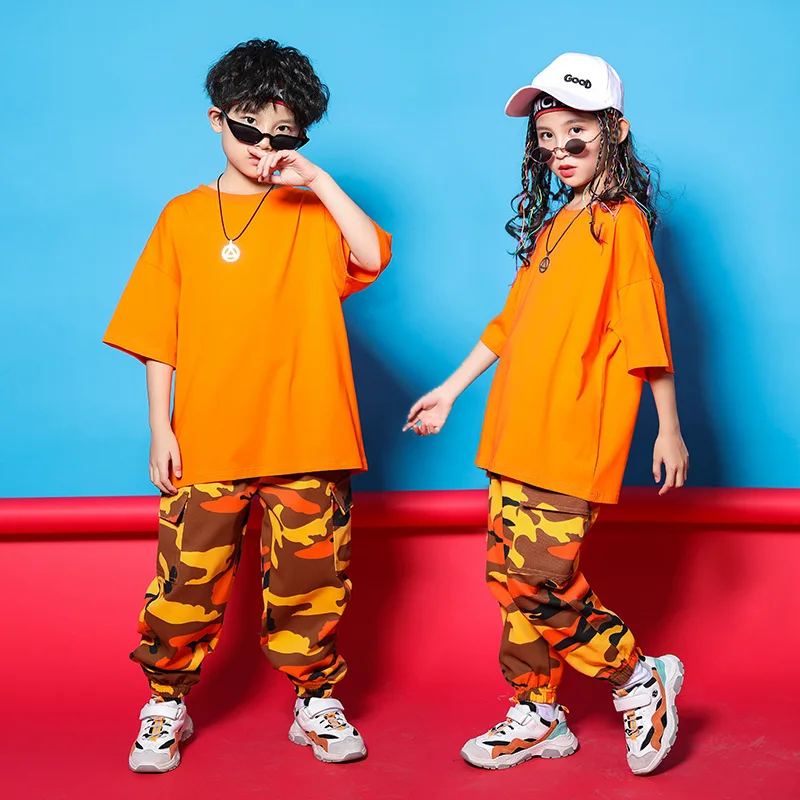 

Kid Loose Orange Oversized T Shirt Top Camouflage Running Casual Pants Hip Hop Clothing for Girls Boy Jazz Dance Costume Clothes