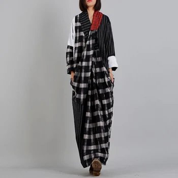 

ZANZEA Spring Women Long Dress Vintage V Neck Long Sleeve Patchwork Sundress Retro Plaid Checked Kaftan Vestido Robe Femme Dress