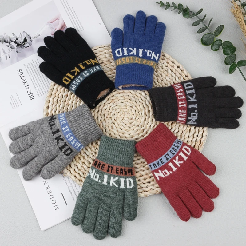 Children's Mittens Thicken Plush Mittens Knitting Full Finger Gloves for Boys Outdoor Warm Gloves for Child Winter Mittens 4-12Y