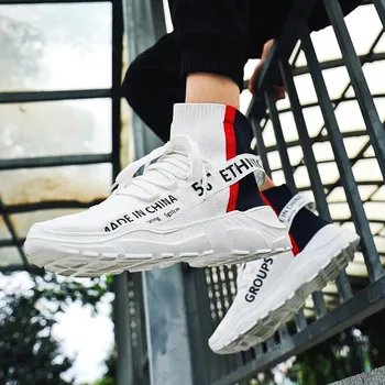 

Light High Top New Breathable Mesh Flying Lace Up Socks Shoes Men Sports Elastic Socks Sneakers Man Flat Running Walking Shoes