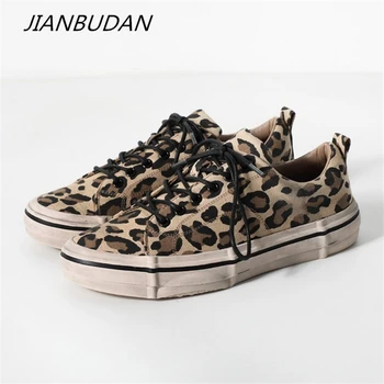 

JIANBUDAN Leopard Chunky Sneakers 2020 new casual flat shoes Women's sneakers breathable canvas shoes Outdoor walking shoes