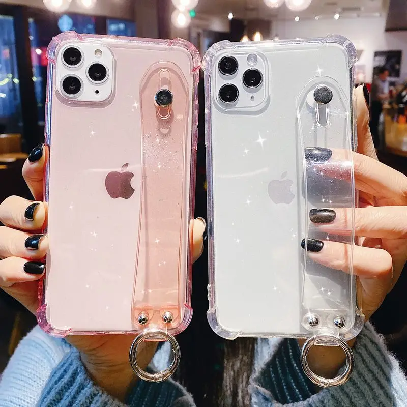 Прозрачный блестящий чехол с ремешком на запястье для телефона iPhone 11 12 13 Pro Max X XR XS
