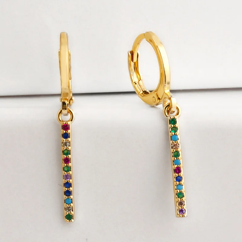 Small Hoop Earrings Women Colors Cubic Zircon Paved Rainbow Charm Pendant Jewelry Aretes Dainty Huggie Gold Color Earring Stick - Окраска металла: B