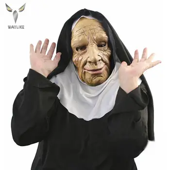 

Waylike The Nun Mask With Veil Halloween Latex Costume Props Old Woman Face Mask With Headscarf For Party