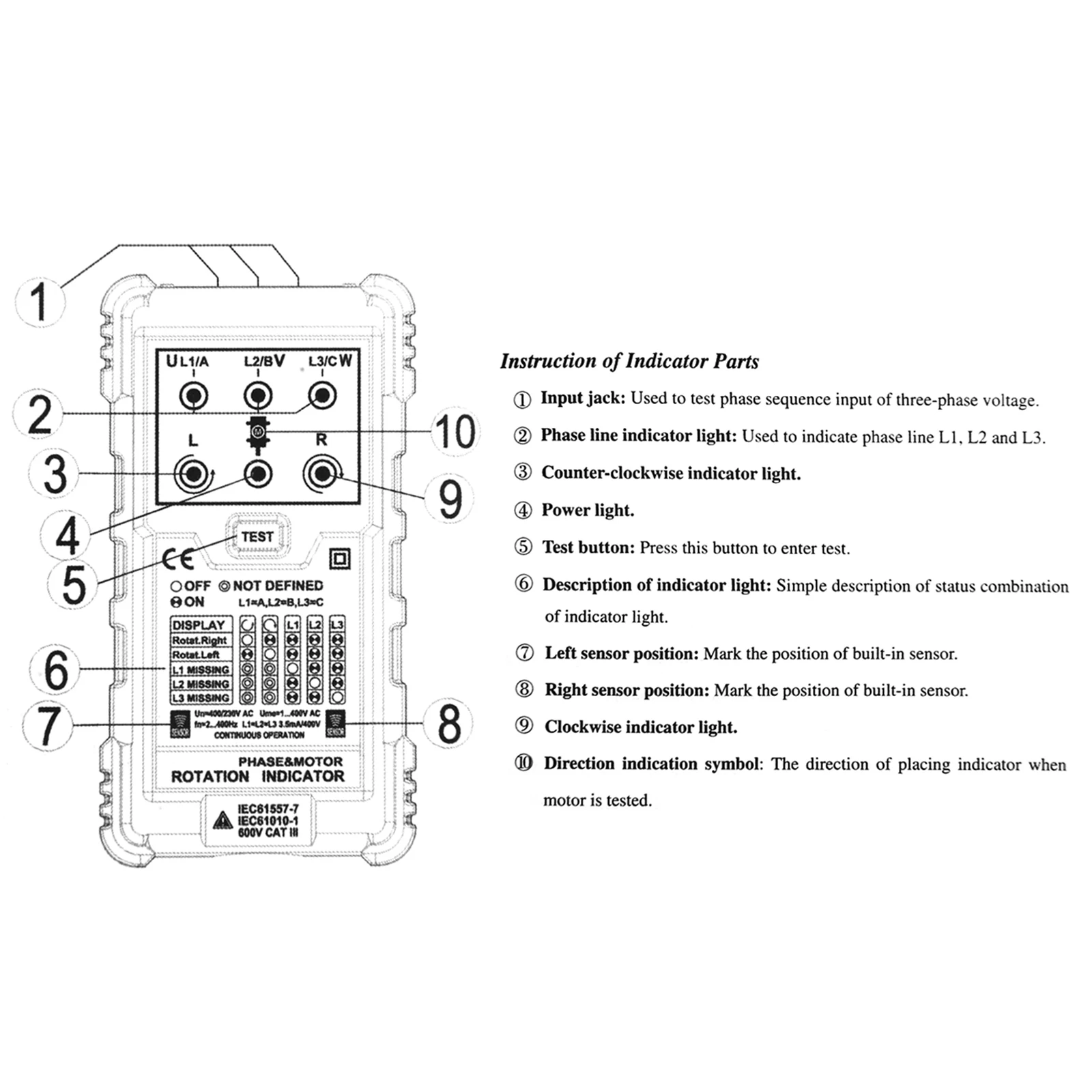 PEAKMETER PM5900 Three Phase Motor Rotation Indicator Tester Voltage Meter 
