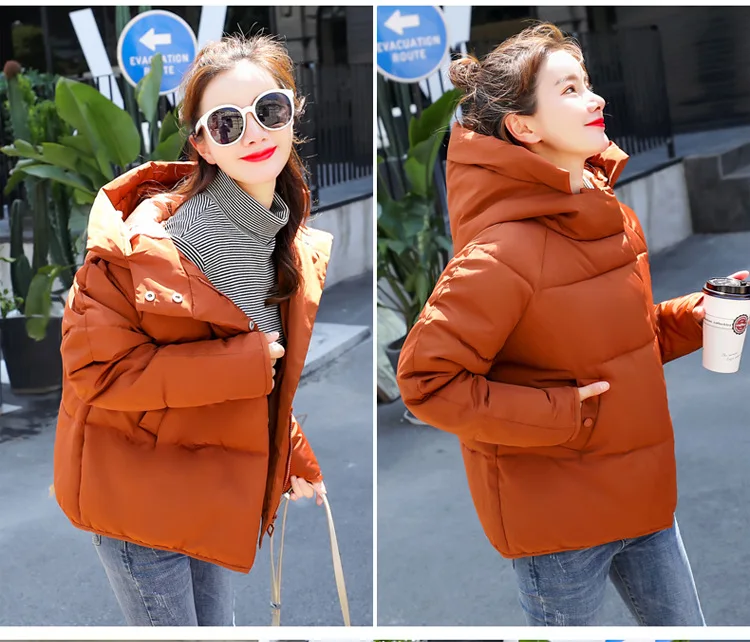 Однотонные свободные зимние хлопковые пальто с капюшоном, женские повседневные куртки на молнии размера плюс, корейские женские модные теплые парки Feminina