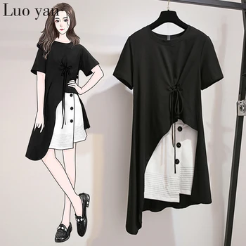 

L-4XL Plus Size Cotton Two-piece Set Mini Mesh Dress 2020 Summer Elegant Women Short Sleeve Casual Ladies Loose Dress Vestidos