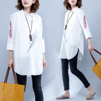 

COIGARSAM Three Quarter Sleeve Shirt Womens tops New Spring Feathers Women shirts White 1015