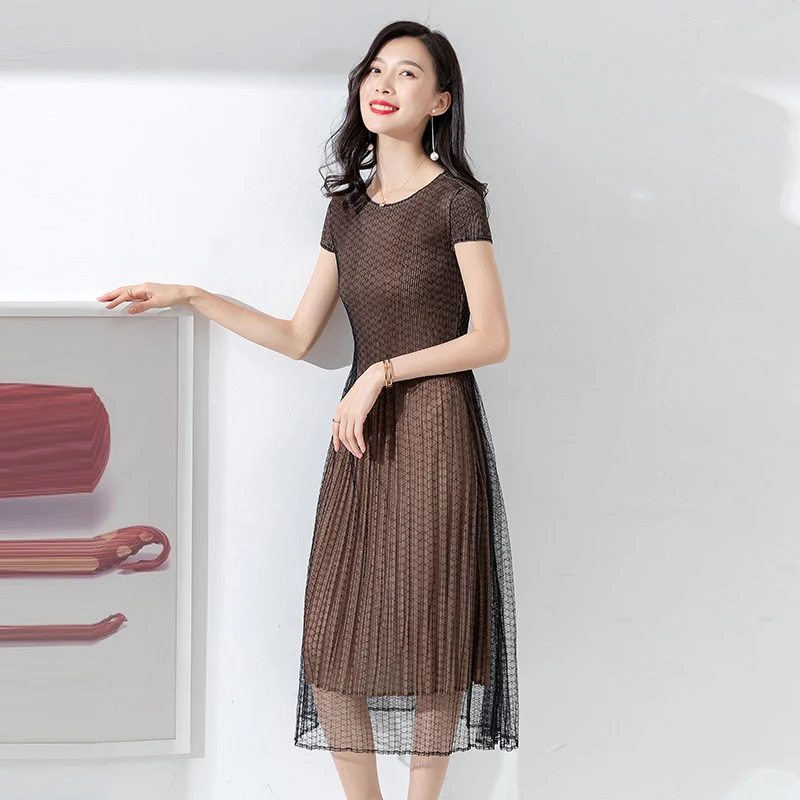 

Retro Gauze Round collar Fold Dress Women's clothing 2019 New summer style Fashion Arbitrary collocation Skinny Medium length fu