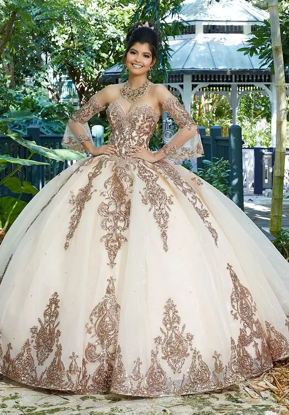 rose gold long sleeve quinceanera dresses