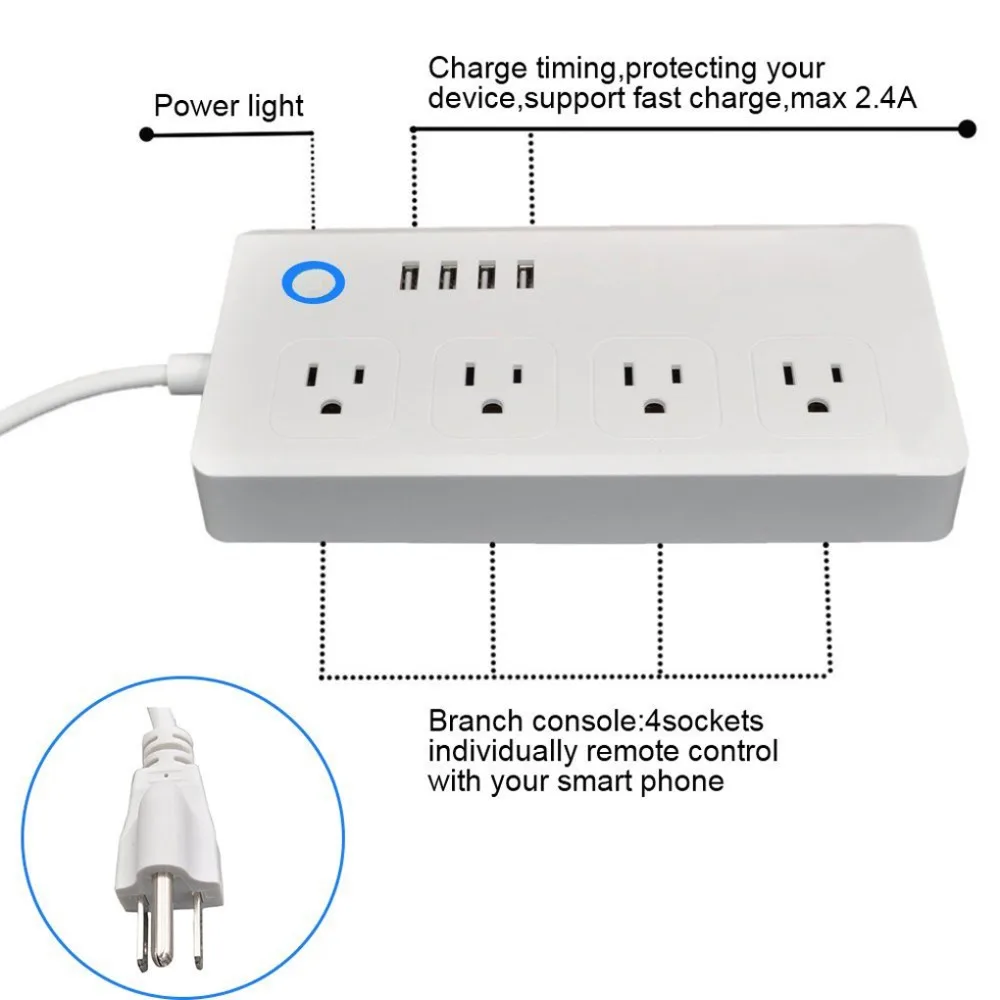 США Wifi Smart outlet мультирозеточный сетевой фильтр 4 Беспроводная розетка пульт дистанционного управления с 1,5 м линией 110 V-240 V