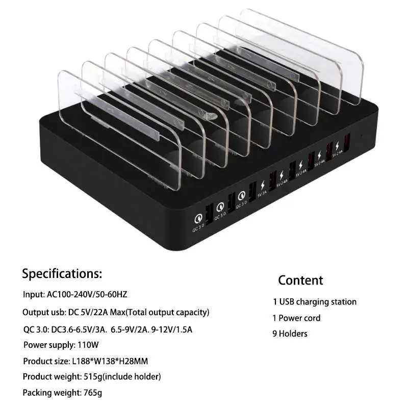 QC3.0 quick charger holder for samsung huawei xiaomi multi 8 usb port charger for tablet desk charger station eu us uk au plug