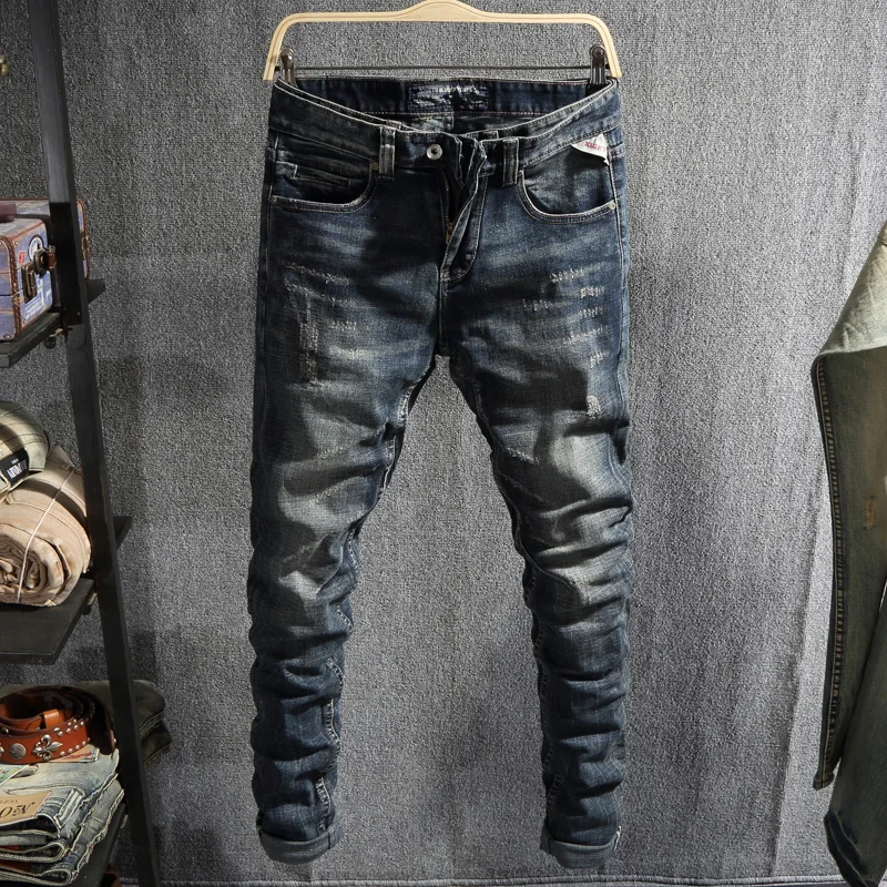 

Italian Style Fashion Men Jeans Black Blue Slim Fit Destroyed Ripped Jeans Men Vintage Designer Denim Pants Hip Hop Jeans Homme