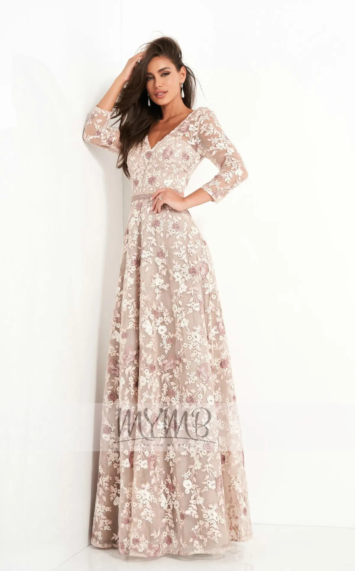 Modest Dubai Muslim Evening Formal Gowns 3/4 Sleeve Lace Embrioderied A ...