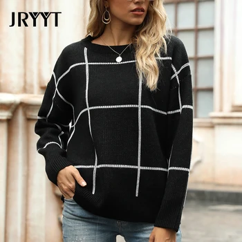 

JRYYT Autumn WInter Plaid Loose Sweater Women Casual Oversize Knitted Pullover Women Long Sleeve Korean Knitwear Female 2020 New