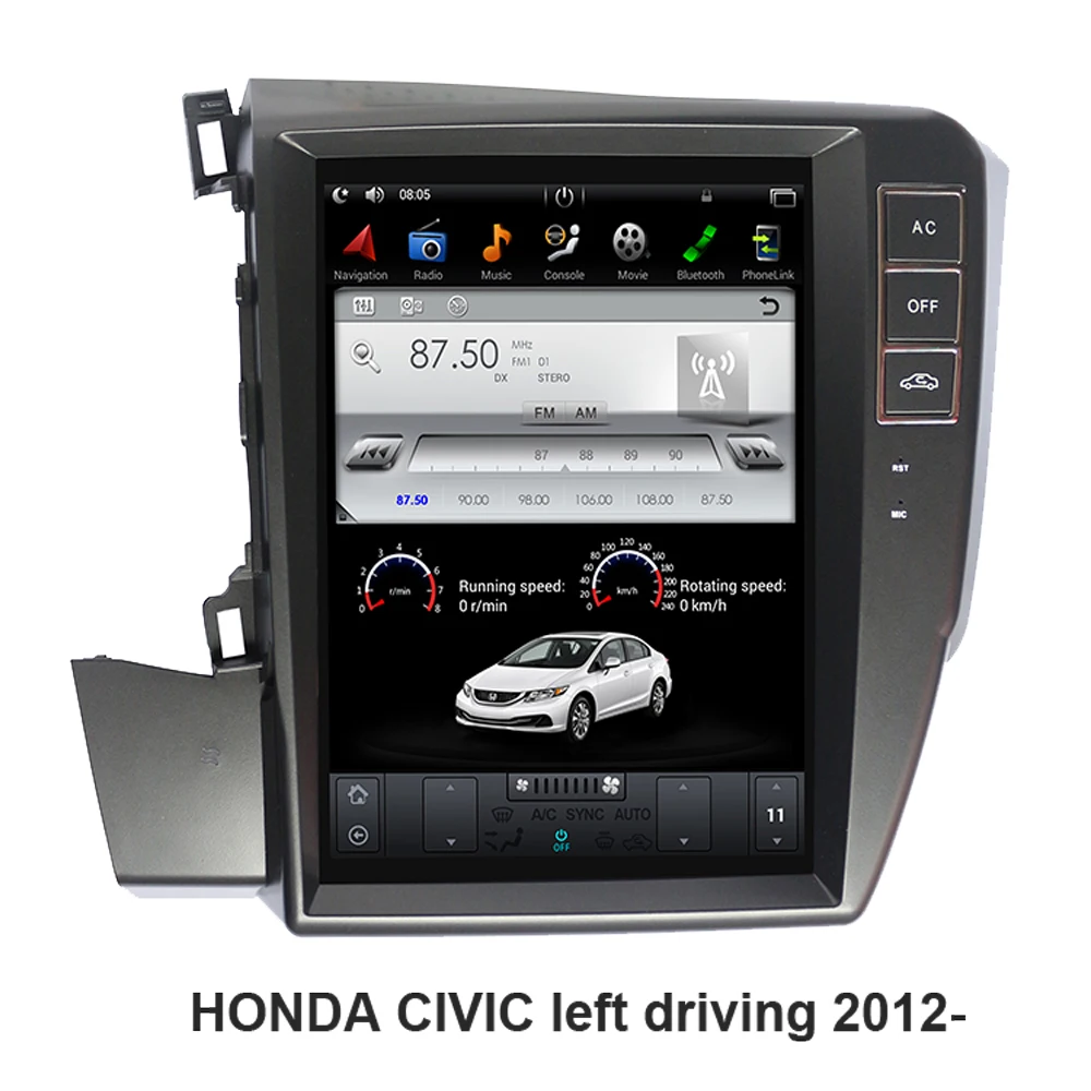 Android 9.0 Tesla Style Screen Car Gps Navigation For Honda Civic Left
