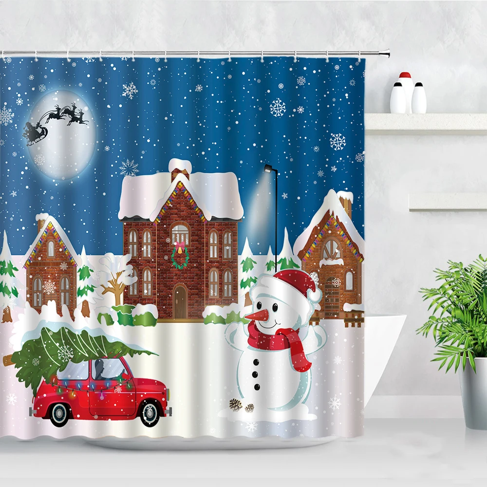 Christmas Theme Shower Curtains Set Snowman Red Truck Trees Cartoon Children Home Decor