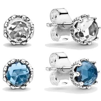 

Authentic 925 Sterling Silver Earring Blue Sparkling Crown Stud Earrings With Crystal For Women Wedding Gift Fine Jewelry