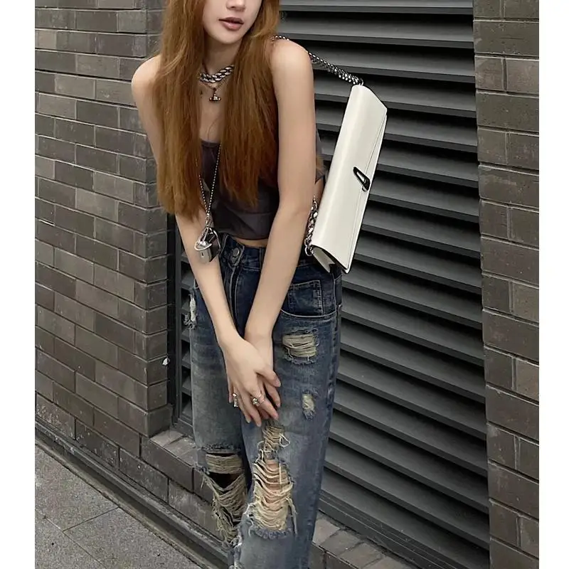 Vintage Ripped Jeans Denim Hippie Pants Hip Hop Do Old Straight Leg Jeans Women Low Waist Grunge Pants Hole Streetwear y2k Jeans