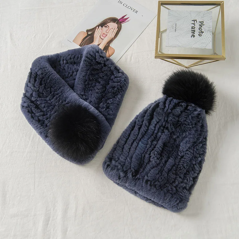 Синий Lantafe Hat And Scarf Fur Hat Kit Hat Scarf Rex Rabbit Fur Winter Accessories Warm Woven Hat Knit Cap With Fox Fur Ball - Цвет: Синий