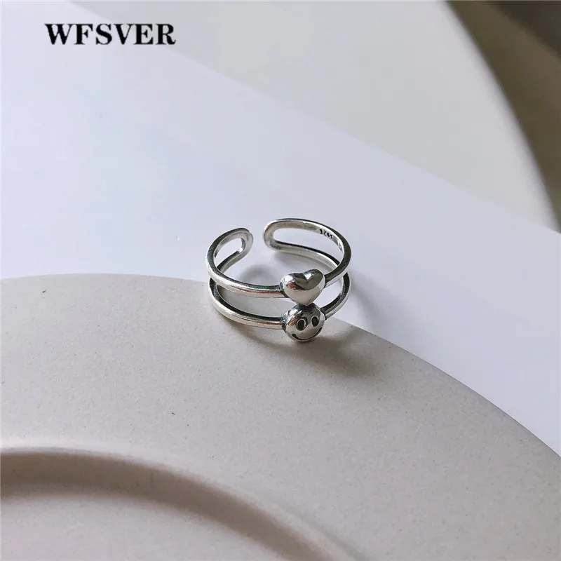WFSVER 925 пробы серебряное кольцо двойной слой смайлик лицо и сердце для женщин