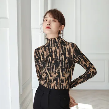 

Autumn Vintage Turtleneck Pleated Leopard Print Blouse Women Long Sleeve Slim Tops Blouses 2020 Casual Fashion Ladies Clothing