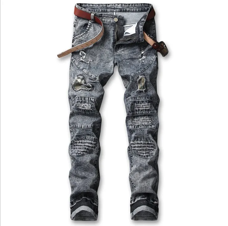 

Men's Jeans Knee Patch Hole Mens Cool Designer jeans New European American Style Straight Jeans Men