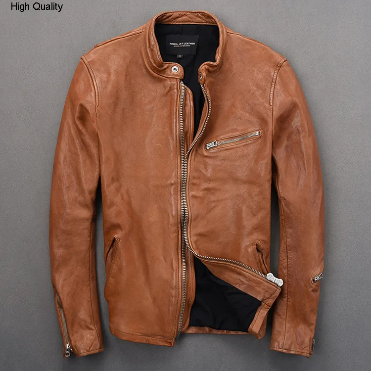2020 new arrivals japanese style slim fit genuine leather jacket men stand collar brown coat high quality sheepskin | Мужская одежда