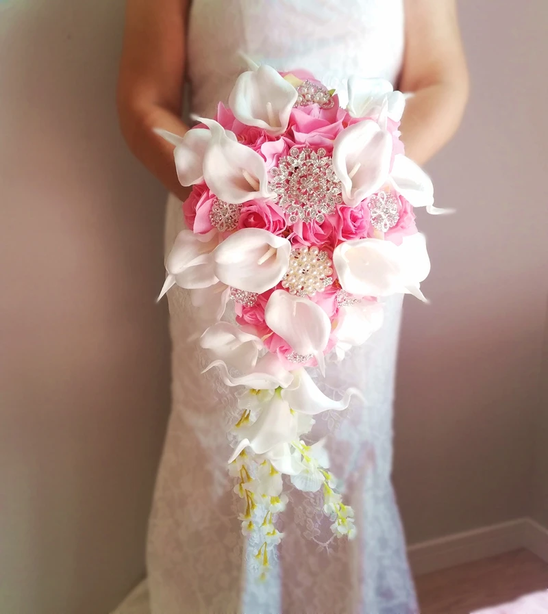 IFFO Calla Lilies Simulation Rose Diamonds Pearl Bride Wedding Bouquet (Pink)