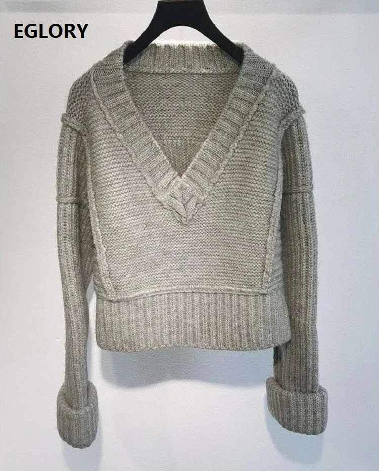 

High Quality Wool Sweaters 2020 Autumn Winter Tops Women V-Neck Thick Wool Knitting Long Sleeve Casual Pullovers Ladies Knitwear