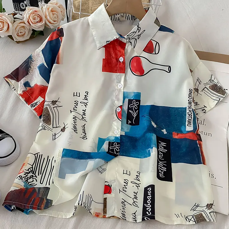 

Casual Loose Color Print Shirt Women Summer Street Style Chiffon Shirt Short Sleeve Cardigan Elegant Office Ladies Blouse Top