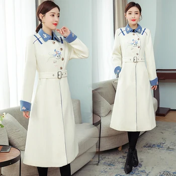 

Winter Women's Tweed Coat Plus Size Embroidery X-long Office Lady 3xl Wool Coat Women Beige Long Woolen Coat Elegant Mother Wool