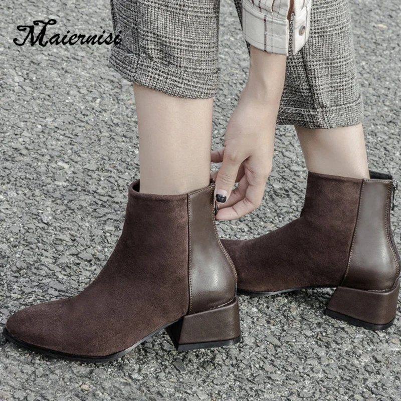 

MAIERNISI Womens Boots Autumn Winter Fashion chunky heels Ladies Shoes Woman Flock Sexy Ankle Boots For Women Zipper Boots