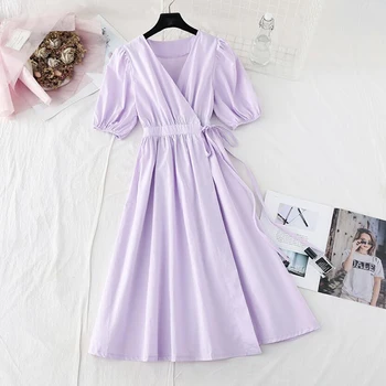 

Women Elegant Long Dress Summer 2020 New V-Neck High Waist Slim Purple Lady Office Dress Puff Sleeve Party A-line Dress Vestidos