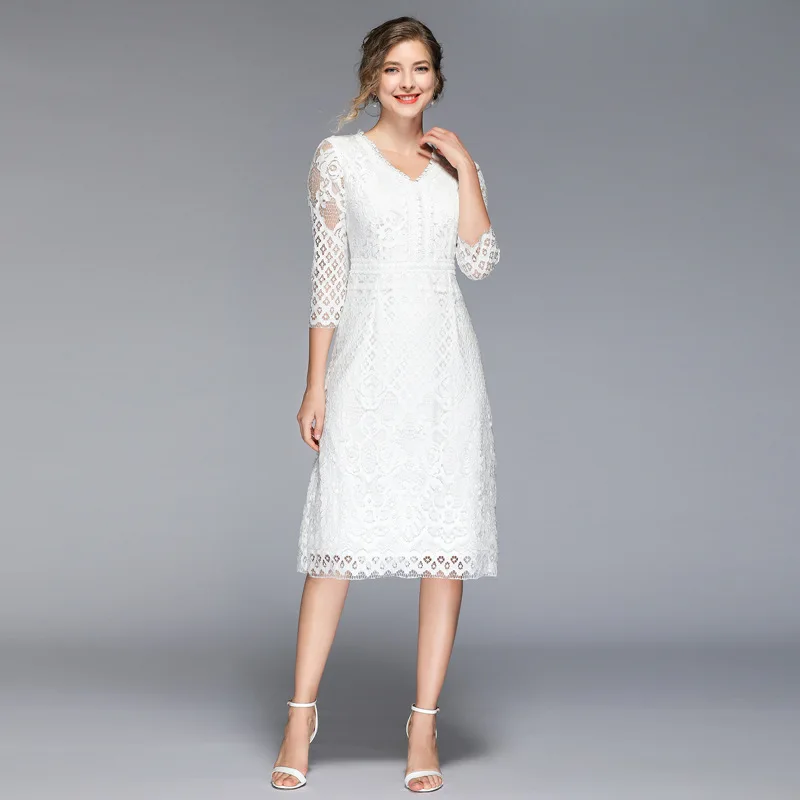 

2019 Spring And Summer Ozhouzhan New Style Fashion Sexy V-neck Waist Hugging Skirt Slim Fit Elegant Lace Dress