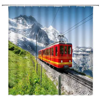

Vintage Locomotive Scenery Shower Curtain Modern Home Decor Train Railway Track Snow Mountains Meadow Open Country Nature